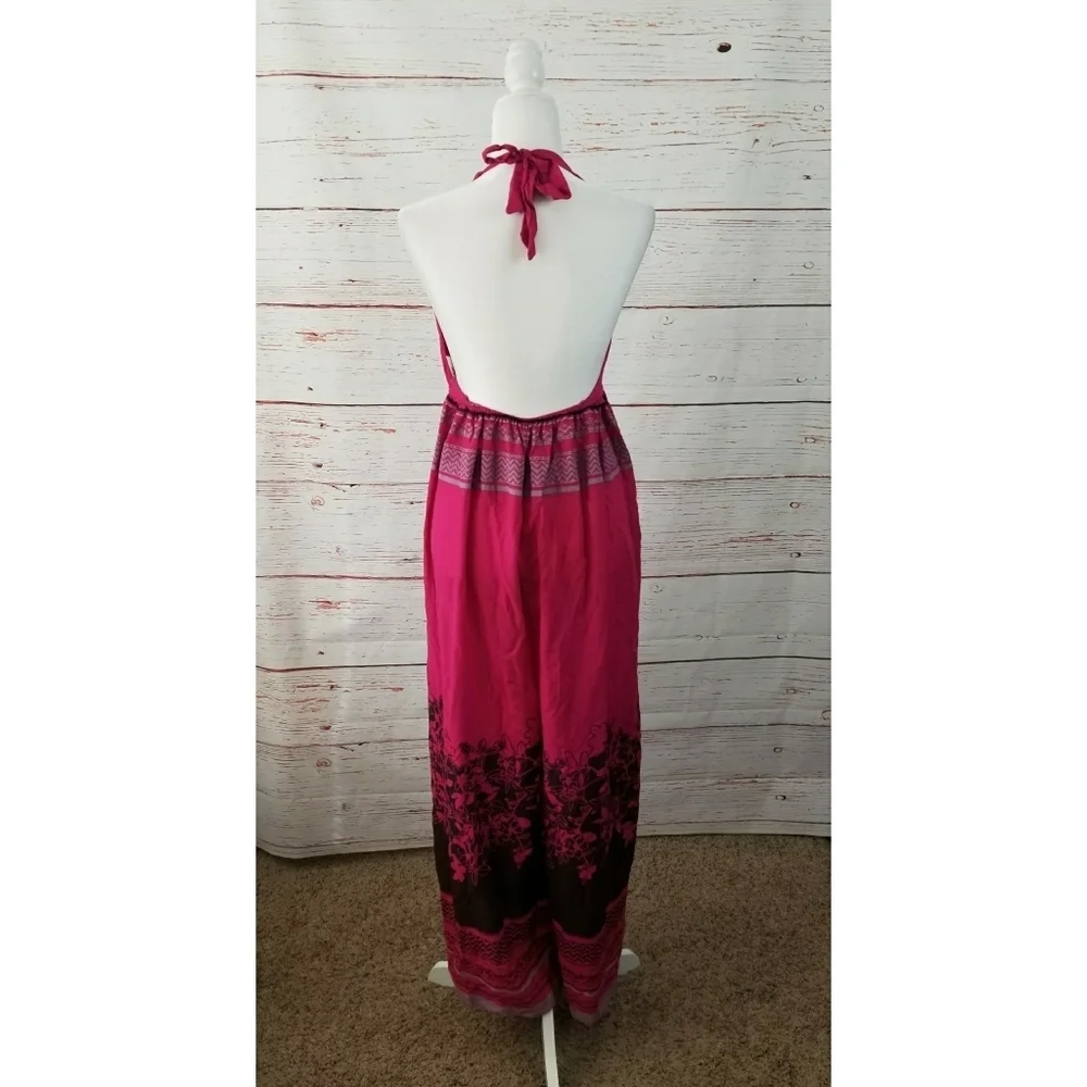 FREE PEOPLE // boho fuchsia print open back wide leg halter style jumpsuit